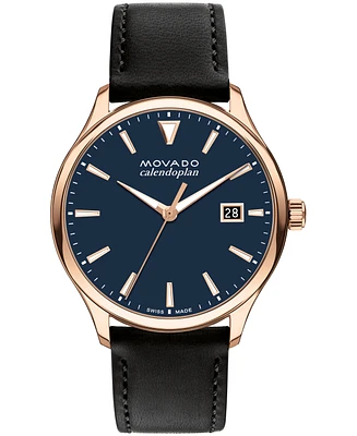 Movado Men's Heritage Calendoplan Swiss Quartz Black Genuine Leather Strap Watch 40mm