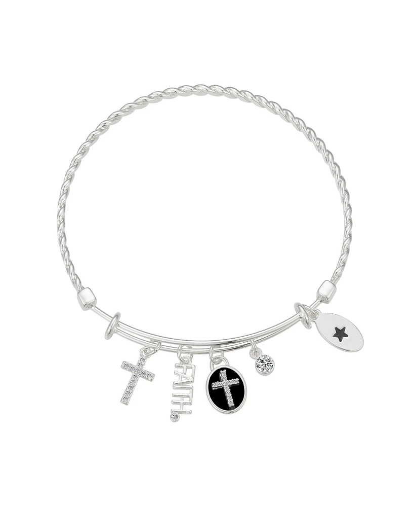 Unwritten Silver-Plated Cross "Faith" Multi Charm Twist Design Bangle Bracelet