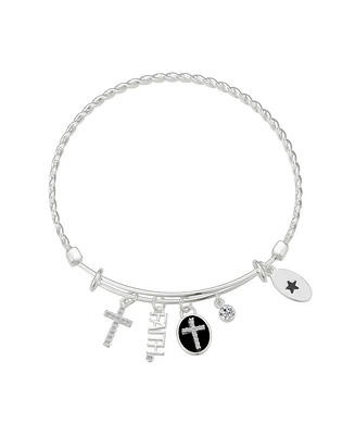 Unwritten Silver-Plated Cross "Faith" Multi Charm Twist Design Bangle Bracelet