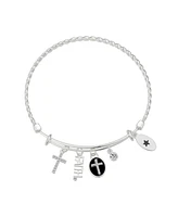 Unwritten Silver-Plated Cross "Faith" Multi Charm Twist Design Bangle Bracelet