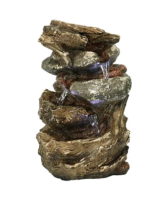 Indoor Home Decorative Tiered Rock and Log Waterfall Tabletop Water Fountain with Led Lights - 10"