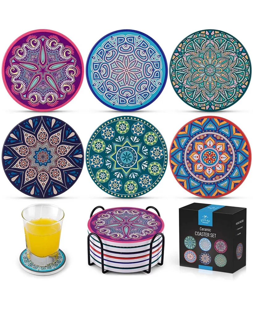 Zulay Kitchen Mandala Coasters with Holder & Cork Base - 6 Pc.