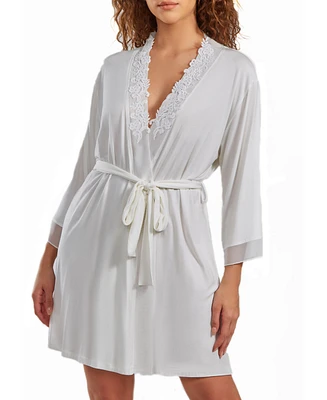 iCollection Women's Cyrus Lace Robe with Mesh Trimmed Sleeves and Self Tie with Sash