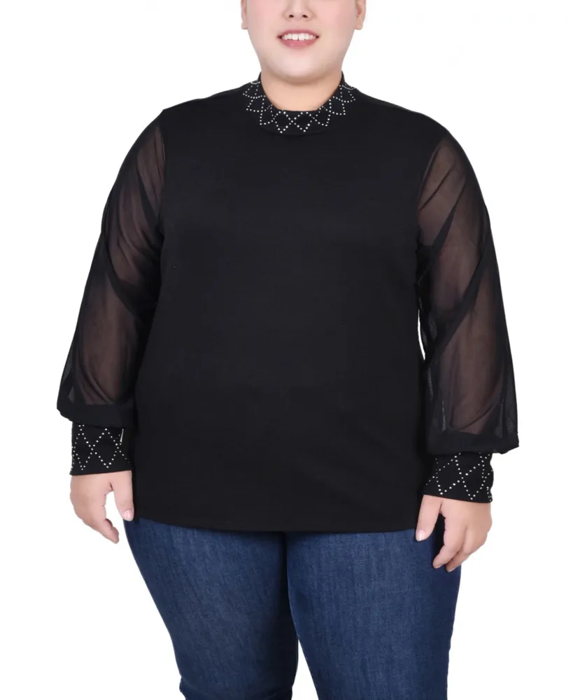 Ny Collection Plus Long Mesh Sleeve Pullover Top with Jewels