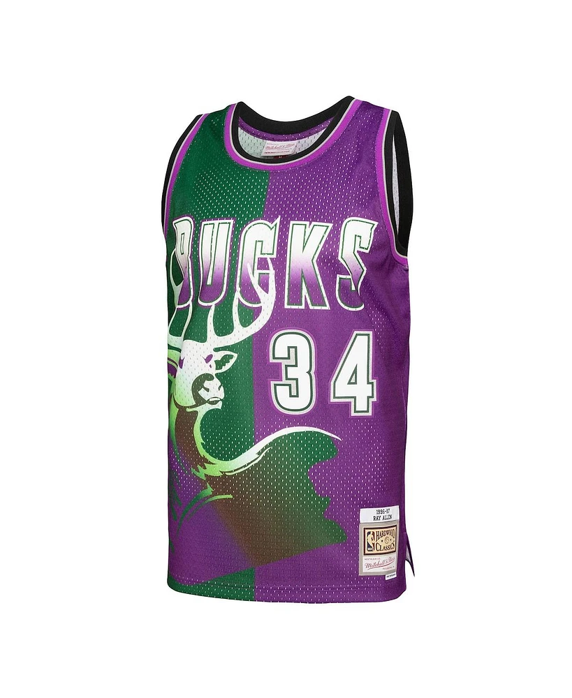 Men's Mitchell & Ness Ray Allen Green, Purple Milwaukee Bucks Hardwood Classics 1996-97 Split Swingman Jersey
