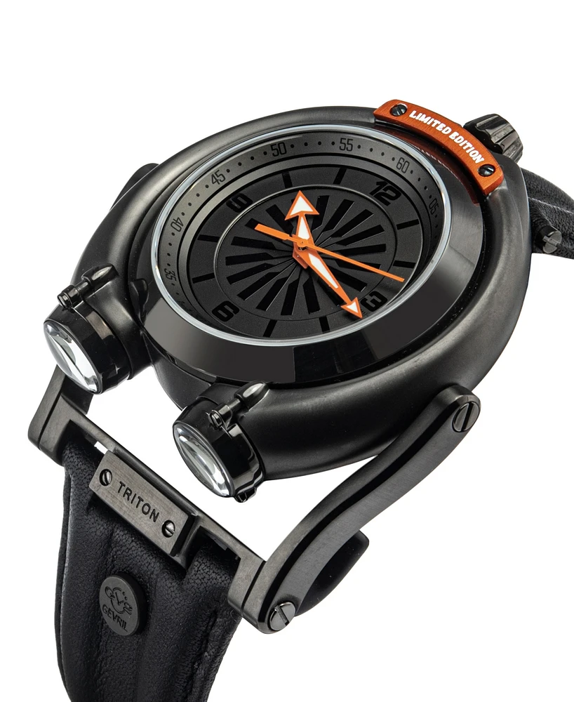 GV2 by Gevril Men's Triton Automatic Black Genuine Leather Strap Watch 49mm