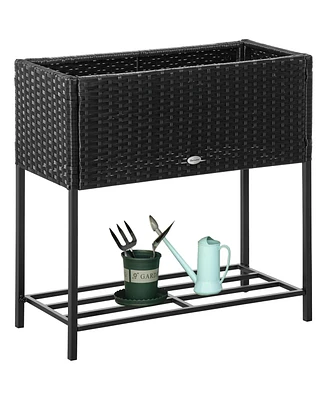 Pe Rattan Outdoor Raised Flower Garden Planter Bed w/ Shelf, Brown