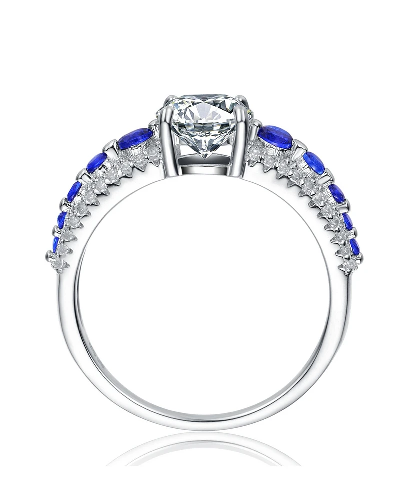 Sterling Silver Rhodium Plated with Blue Cubic Zirconia Statement Ring