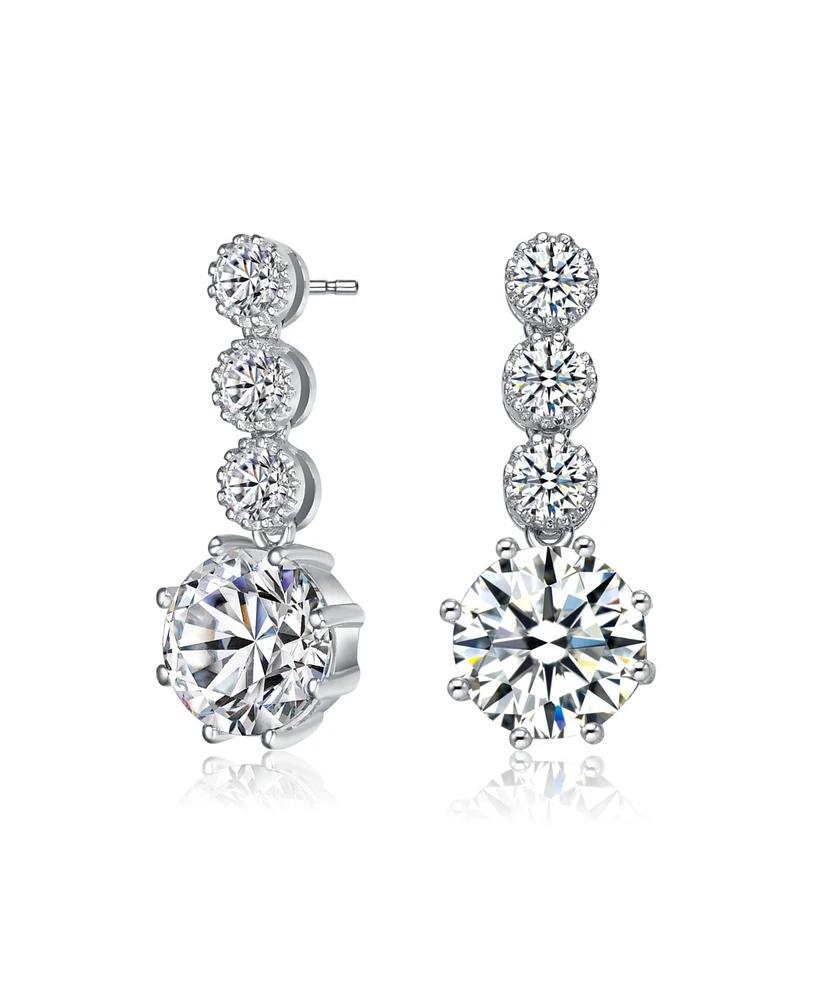 Sterling Silver with Rhodium Plated Clear Round Cubic Zirconia Tier Drop Earrings