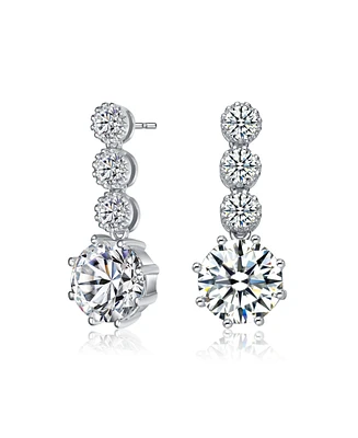 Sterling Silver with Rhodium Plated Clear Round Cubic Zirconia Tier Drop Earrings