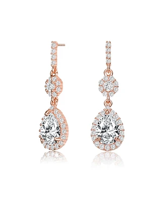Sterling Silver with Rose Gold Plated Clear Pear with Round Cubic Zirconia Halo and Cluster Accent Drop Earrings