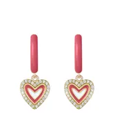 Kids/teens 14k Gold Plated with Cubic Zirconia & Magenta-Red Enamel Halo Heart Dangle Charm Hoop Earrings