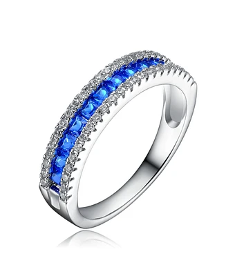 Sterling Silver with Rhodium Plated and Blue Cubic Zirconia Band Ring