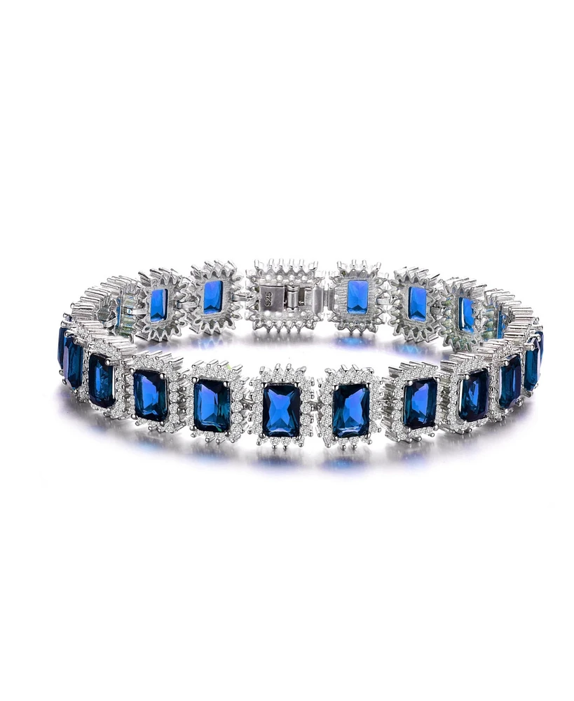 Sterling Silver with Blue & Cubic Zirconia Rectangular Halo Cluster Link Vintage Tennis Bracelet