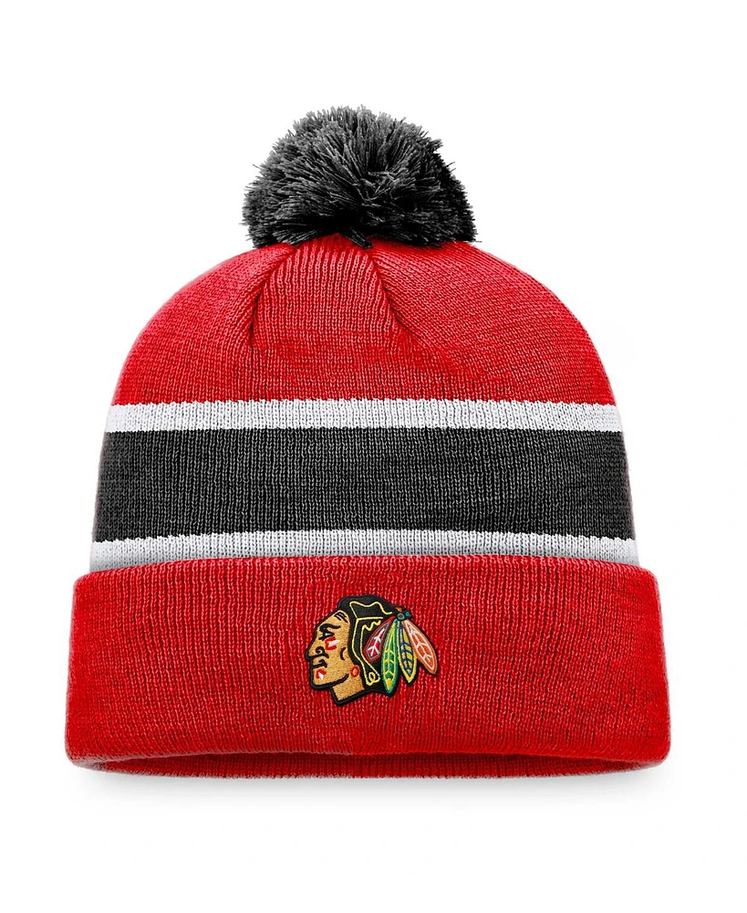 Men's Fanatics Red, Black Chicago Blackhawks Breakaway Cuffed Knit Hat with Pom