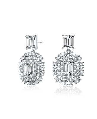 Gv Sterling Silver White Gold Plated Clear Green with Round Cubic Zirconia Lace Cluster Drop Earrings