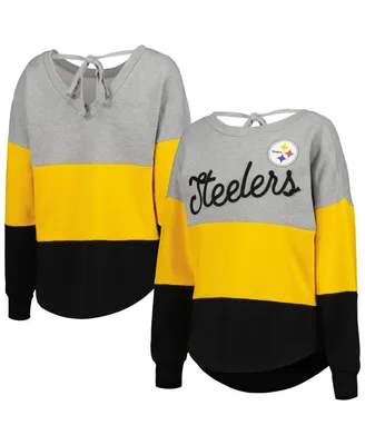 Women's Touch Heathered Gray, Black Pittsburgh Steelers Outfield Deep V-Back Pullover Sweatshirt