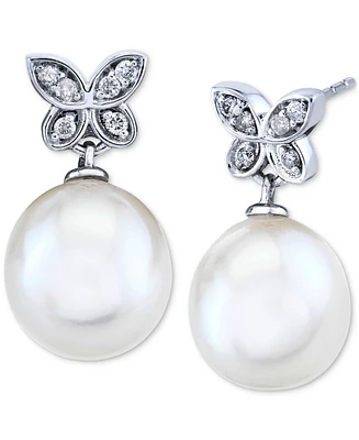 Cultured Freshwater Pearl (9mm) and Diamond (1/10 ct. t.w.) Butterfly Drop Earrings in 14k White Gold