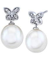 Cultured Freshwater Pearl (9mm) and Diamond (1/10 ct. t.w.) Butterfly Drop Earrings in 14k White Gold