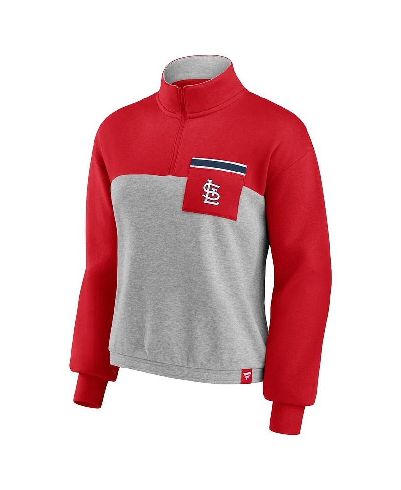 Women's Fanatics Red, Heather Gray St. Louis Cardinals Iconic Cinch Waist Quarter-Zip Top