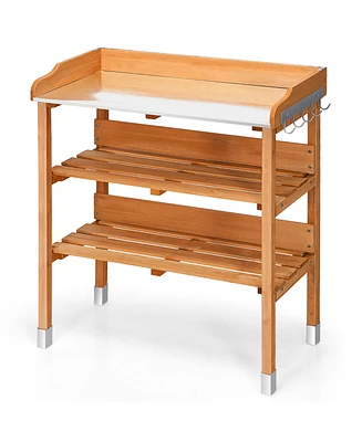 Garden Wooden Potting Bench Work Station Table Tool Storage Shelf W/Hook