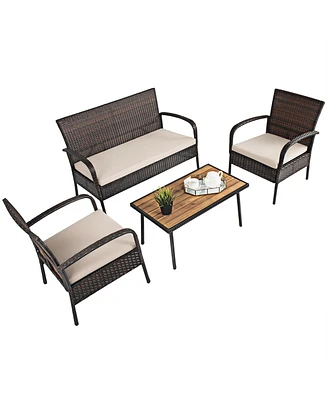 4PCS Patio Rattan Furniture Set Outdoor Conversation Set