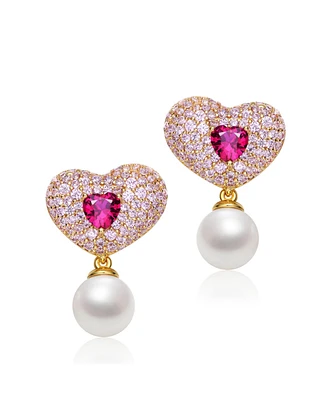 Genevive Sterling Silver & 14K Gold-Plated Red Cubic Zirconia Heart Earrings with Pearl Butterfly Drops
