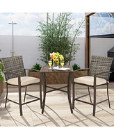 3PCS Patio Rattan Bar Furniture Set Slat Table 2 Cushioned Stools Poolside