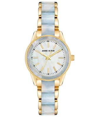 Anne Klein Women's Three Hand Quartz Gold-tone Alloy and Light Blue Marbled Acrylic Link Bracelet Watch, 30mm