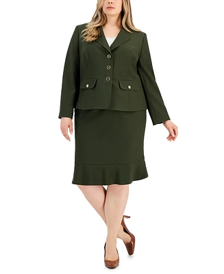 Le Suit Plus Three-Button Jacket & Flounce-Hem Skirt