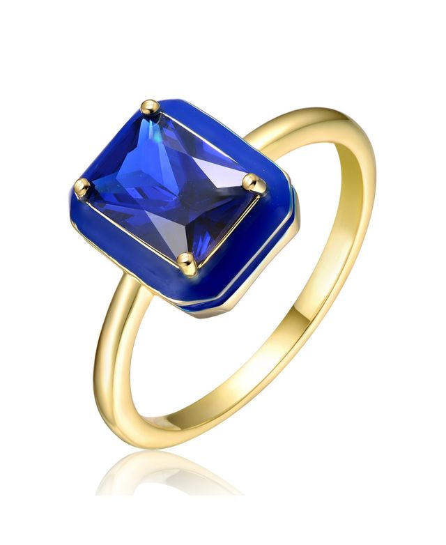 Ra 14k Yellow Gold Plated with Blue Cubic Zirconia Enamel Radiant Halo Ring