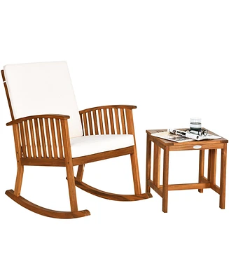 2PCS Acacia Wood Patio Rocking Chair Set Cushioned Coffee Table