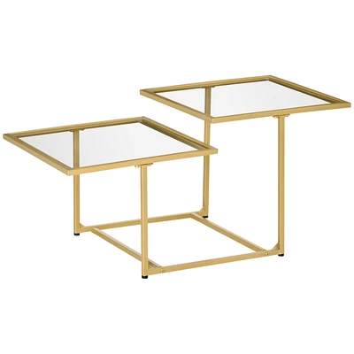 Homcom 38" 2 Glass End Table, Living Room Coffee Table w/ Metal Frame, Gold