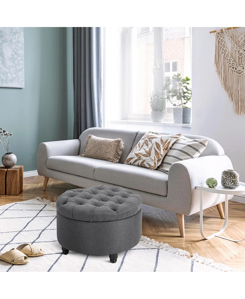 Homcom Upholste Round Linen Storage Stool Footrest of Button Tufted