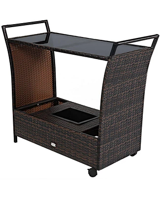 Patio Rattan Bar Serving Cart Wheels Ice Bucket Glass Top Handle Garden
