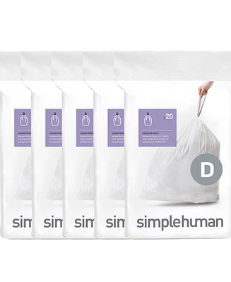 simplehuman Code D 100pk Custom Fit Liners with 5 Quick Dispense Packs, 20L Kitchen Trash Bag Liners