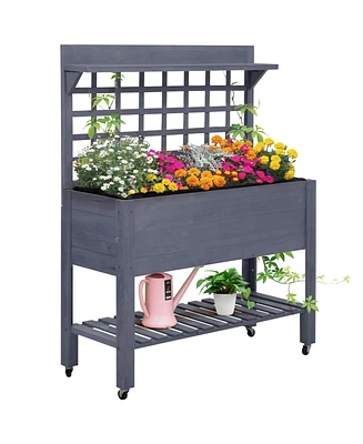 Outsunny 41" Raised Garden Bed with Wheels, Trellis & Storage Shelves,
