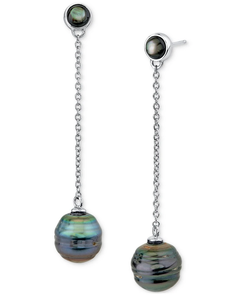 Cultured Tahitian Baroque Pearl (10mm) & Black Mother Of Pearl Chain Drop Earrings in Sterling Silver