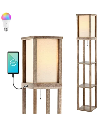 Etagere 63.5" Rustic Bohemian Wooden Led 3-Shelf Floor Lamp with Pull-Chain, Usb Charging Port and Smart Bulb