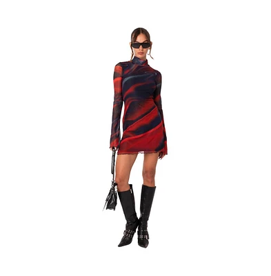 Edikted Women's Printed Mesh Lettuce Hem Mini Dress With Side Slits And Bell Sleeves