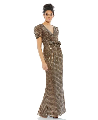 Mac Duggal Women's Ieena Bow Waist Metallic Gown