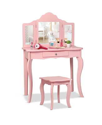 Costway Vanity Table Set Makeup Dressing Kids Stool Mirror