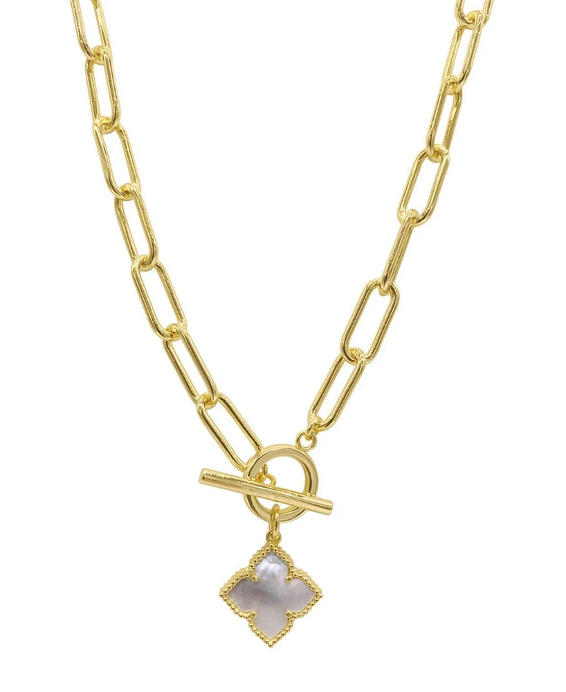 Adornia 19" Paper Clip Chain Toggle 14K Gold Plated Flower White Imitation Mother of Pearl Necklace