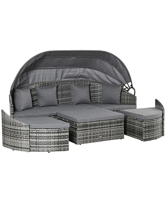 Outsunny 4-Piece Outdoor Rattan Furniture Set, Round Convertible Patio Daybed or Sunbed, Sectional Sofa with Canopy, Pillows, Cushions, Footrest, Tabl