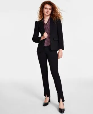 Cece Womens Puff Shoulder Open Front Long Sleeve Blazer Soft Texture V Neck Button Front Blouse Front Slit Straight Leg Pull On Ponte Pants