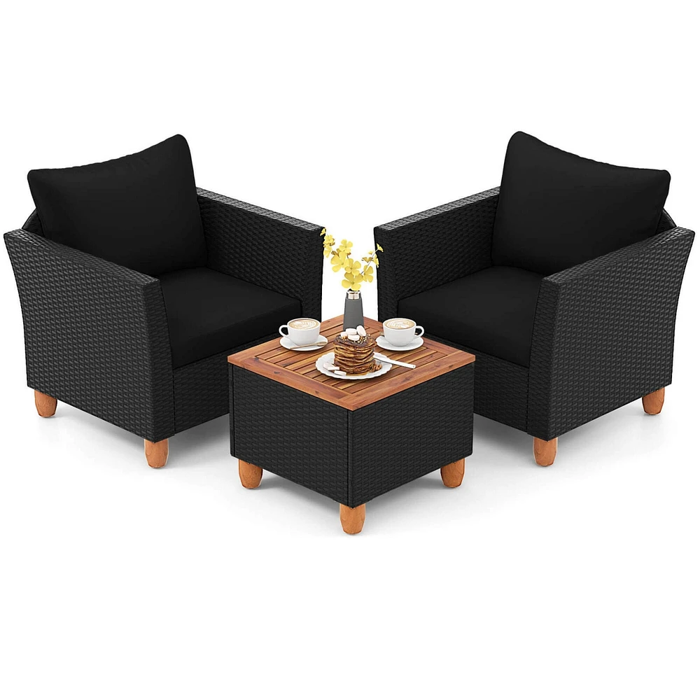 3PCS Patio Rattan Furniture Set Cushioned Sofa Storage Table with Wood Top