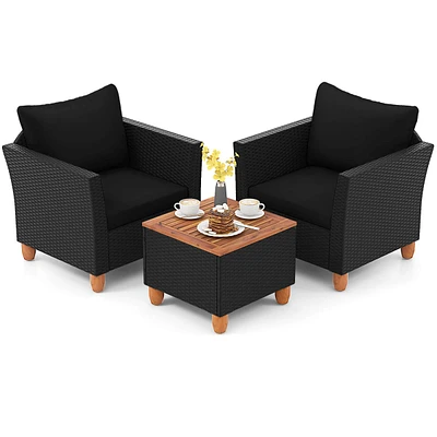 3PCS Patio Rattan Furniture Set Cushioned Sofa Storage Table with Wood Top