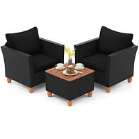 3PCS Patio Rattan Furniture Set Cushioned Sofa Storage Table with Wood Top
