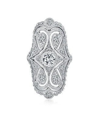 Bling Jewelry Deco Antique Style Filigree Pave Cubic Zirconia Cz Wide Armor Full Finger Fashion Statement Ring Rhodium Plated Brass