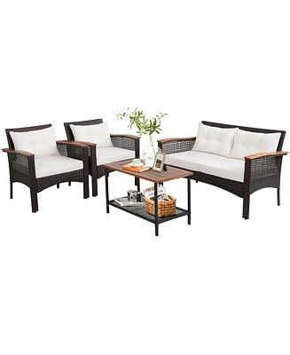 4PCS Patio Rattan Acacia Wood Furniture Set Cushion Sofa Armrest Deck